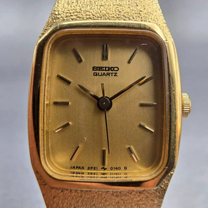 Seiko Watch Women 17mm Gold Dial Gold Tone Rectangle 2P21-5080 New Battery VTG1