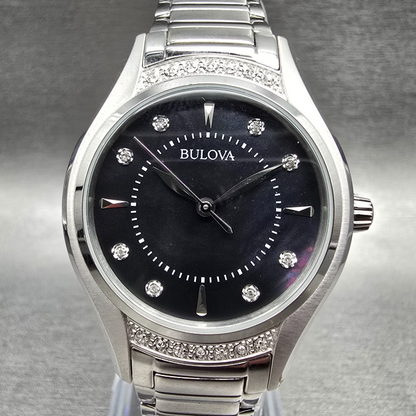 Bulova Watch Men 31mm MOP Dial Silver Tone Diamonds Round 96R242 New Battery0
