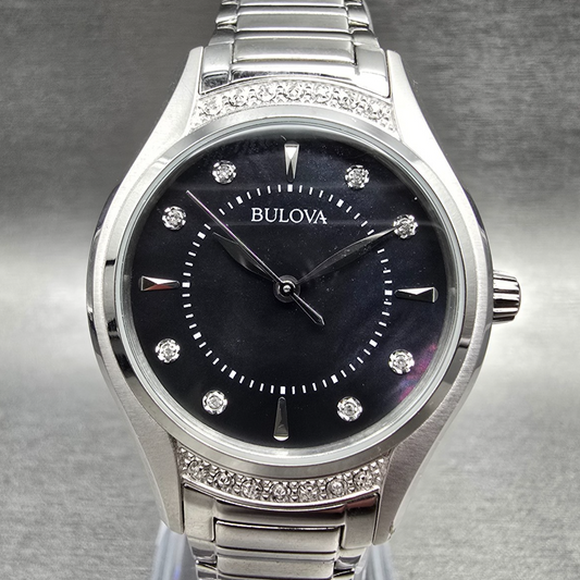 Bulova Watch Men 31mm MOP Dial Silver Tone Diamonds Round 96R242 New Battery0