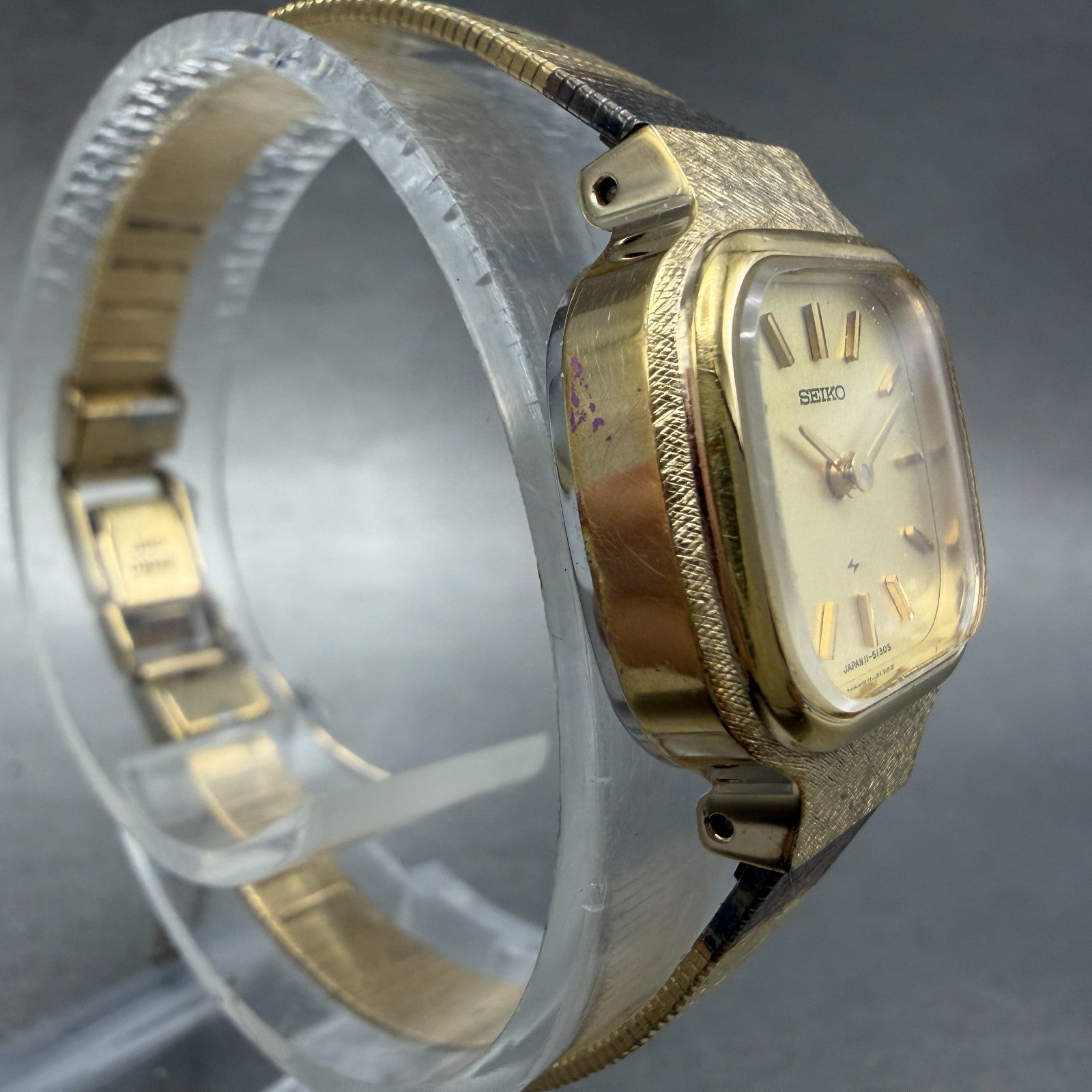 Seiko Watch Women 20mm Champagne Dial Gold Tone Rectangle Manual 11-5010 Runs3