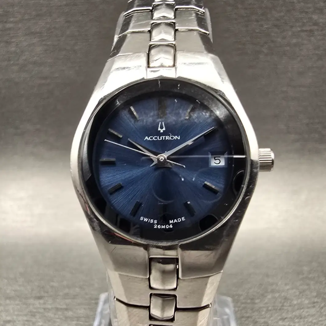 Bulova Accutron Watch Women 24mm Blue Dial Silver Tone Date Round 26M04 New Batt0