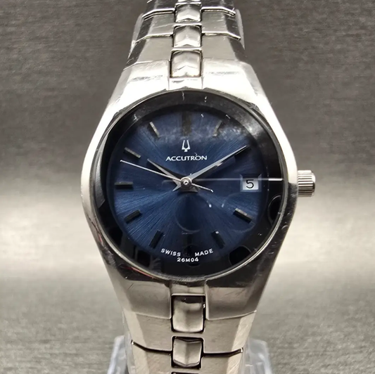 Bulova Accutron Watch Women 24mm Blue Dial Silver Tone Date Round 26M04 New Batt0