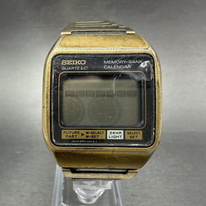Seiko Digital Watch Men 33mm LCD Gold Tone Rectangle Memory Bank M354-5019 PARTS0