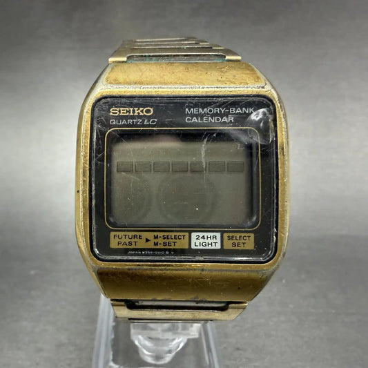 Seiko Digital Watch Men 33mm LCD Gold Tone Rectangle Memory Bank M354-5019 PARTS0