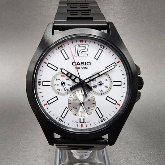 Casio MTP-E350 Watch Men 39mm White Dial Black Steel Daydate Metal Bracelet