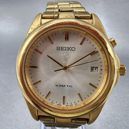 Seiko Kinetic Watch Men 38mm White Dial Gold Tone Date Round 5M420K69 PARTS2