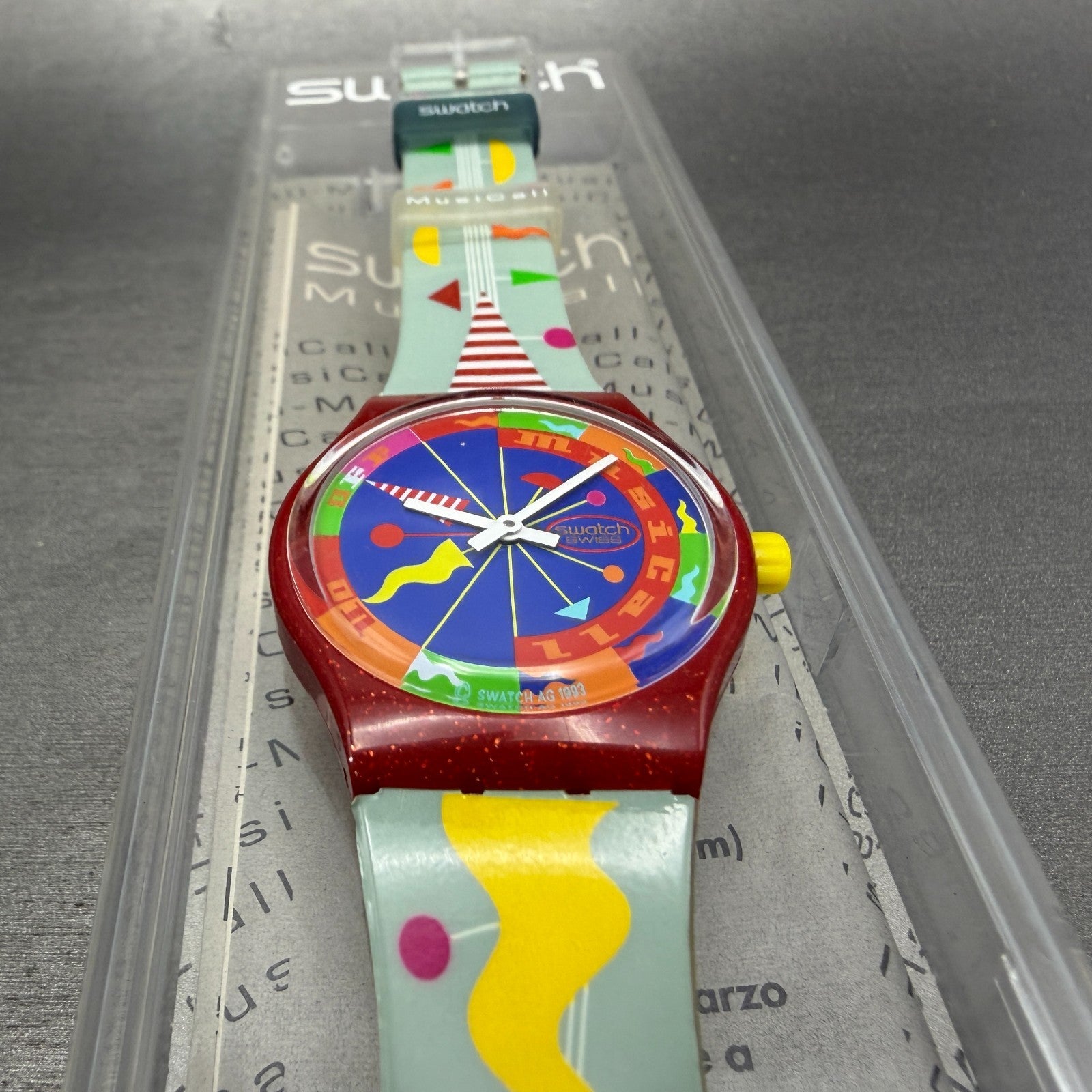 Swatch Musical Fandango Watch Men 34mm Blue Dial Red Tone SLR100 New batt W/box2