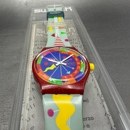 Swatch Musical Fandango Watch Men 34mm Blue Dial Red Tone SLR100 New batt W/box2