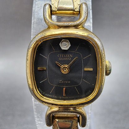 Citizen Seven Watch Women 17mm Black Dial Gold Tone Square 3220949081 New Batt1