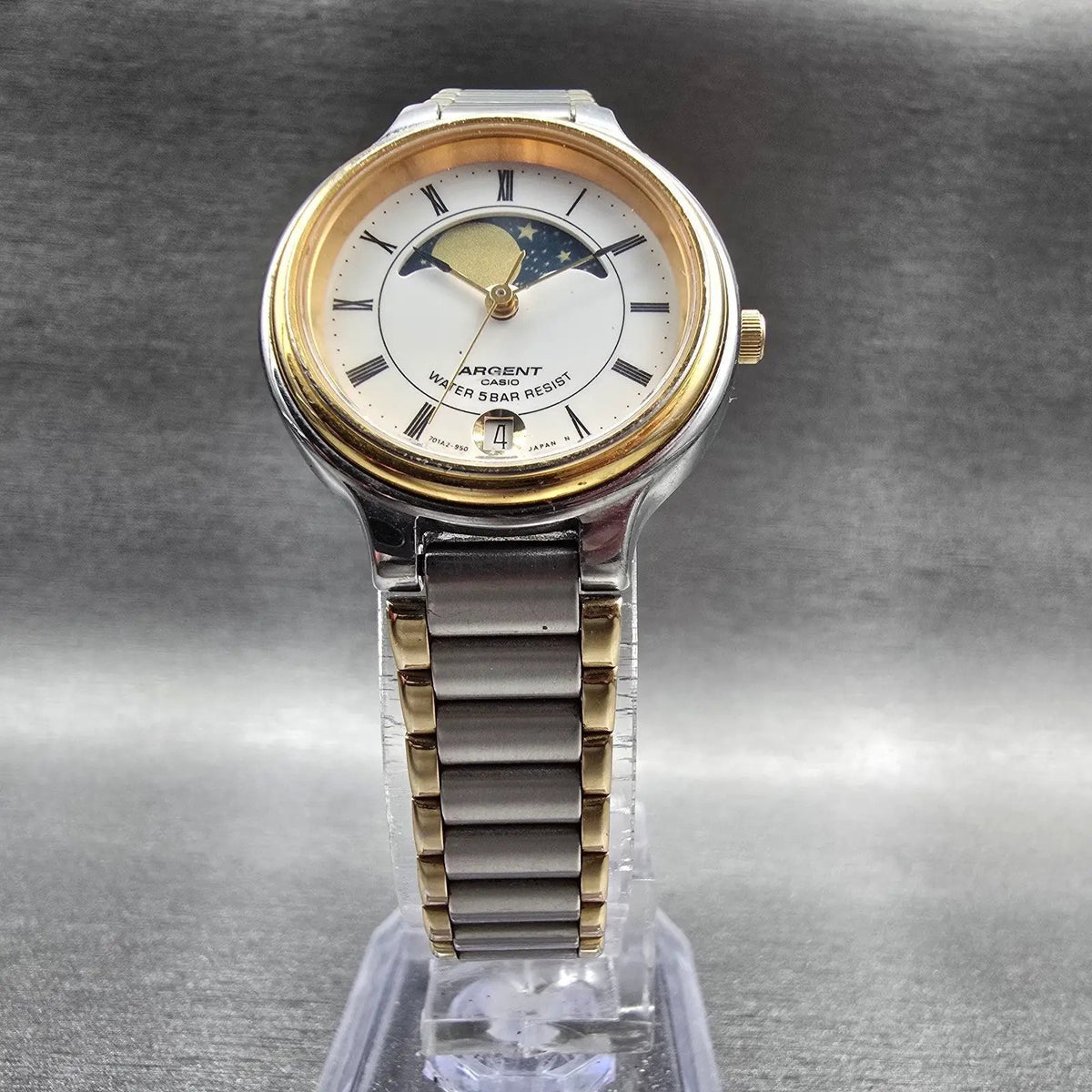 Casio Argent Moon Phase Watch Women 26mm White Dial Two Tone Date LTW-70M NewBat5