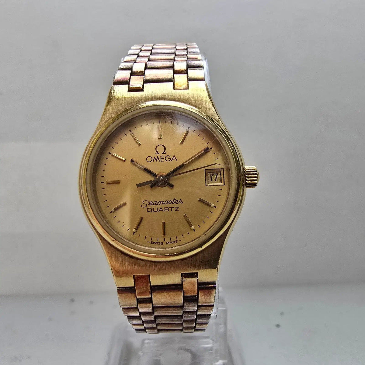 Omega Seamaster Watch Women 22mm Gold Dial Gold Tone Date Round 1380 New Battery0