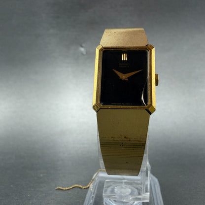 Seiko Watch Women 17mm Black Dial Gold Tone Rectangle 1400-8479 New Battery VTG5