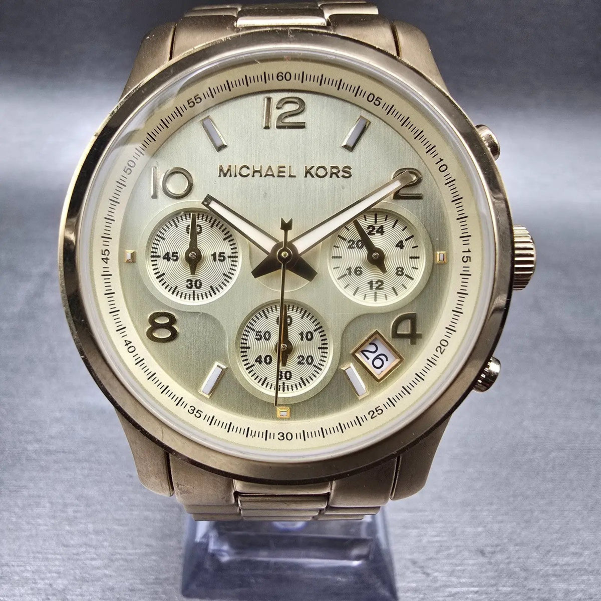 Michael Kors Runway Watch Women 37mm Gold Dial Gold Tone Chrono MK5055 New Batt31