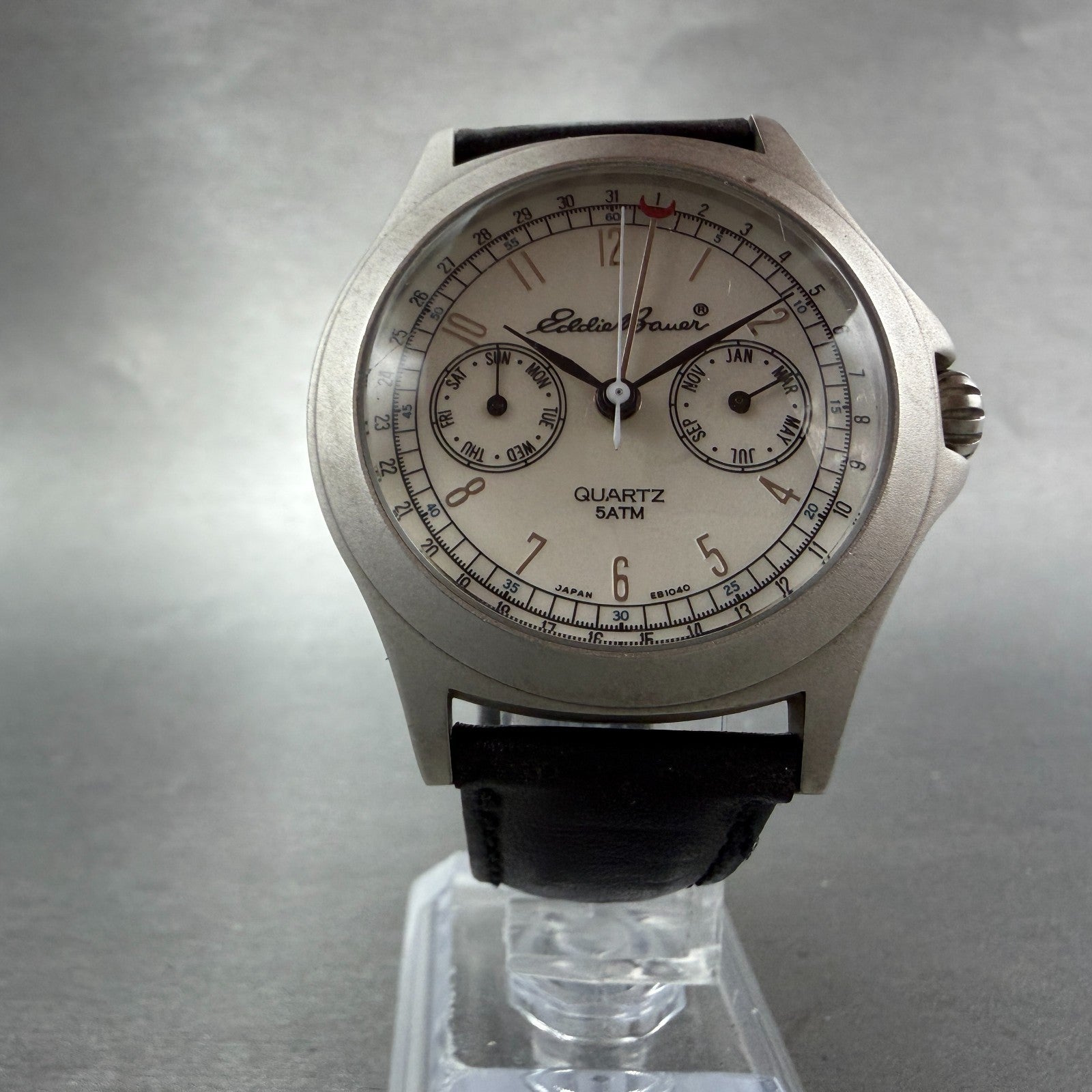 Eddie Bauer Triple Calendar Watch Men 38mm White Dial Steel Round #53201 PARTS6