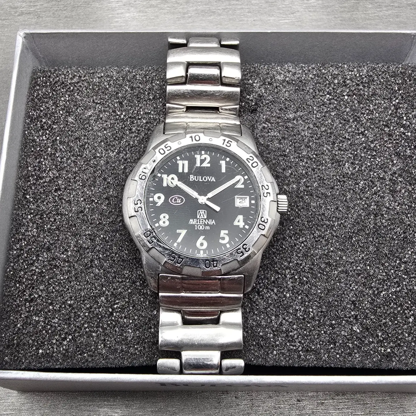 Bulova Millennia Watch Men 36mm Black Dial Silver Tone Date Round 96B46 New Batt1
