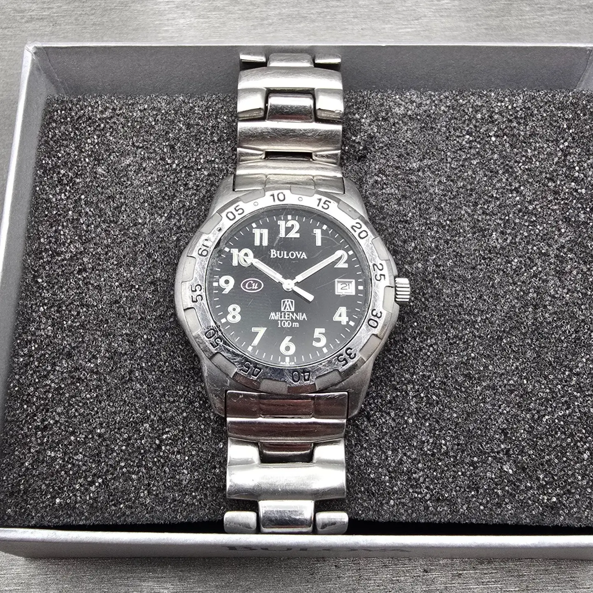 Bulova Millennia Watch Men 36mm Black Dial Silver Tone Date Round 96B46 New Batt1