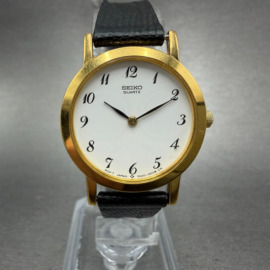 Seiko Watch Women 26mm White Dial Gold Tone Round 1N00-0A29 New Battery Leather0