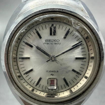 Seiko Matic Lady Watch Women 27mm Silver Dial Silver Tone Date 2517-0520 Runs1