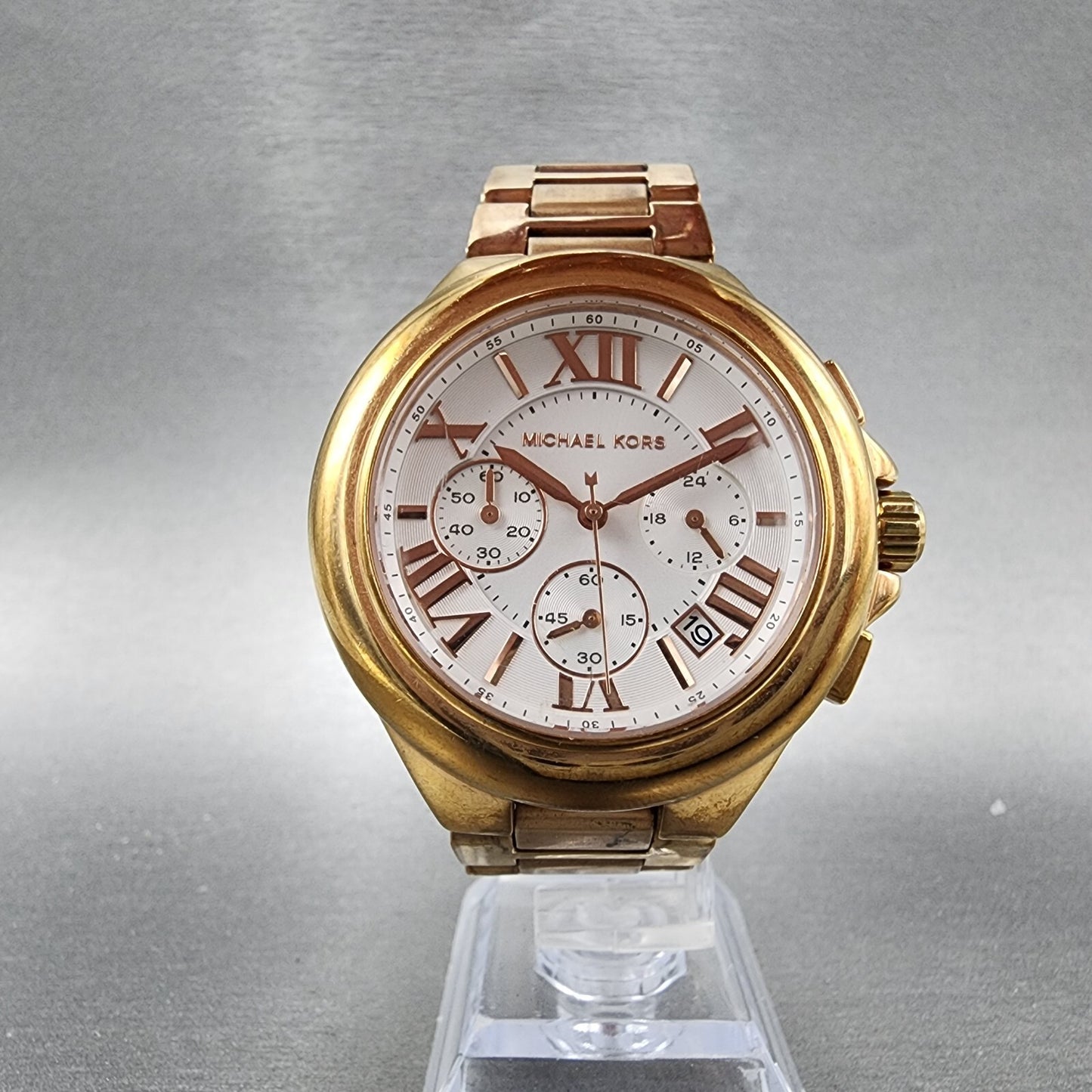 Michael Kors Camille Chronograph Watch Women 43mm White Dial Rose Gold New Batt4