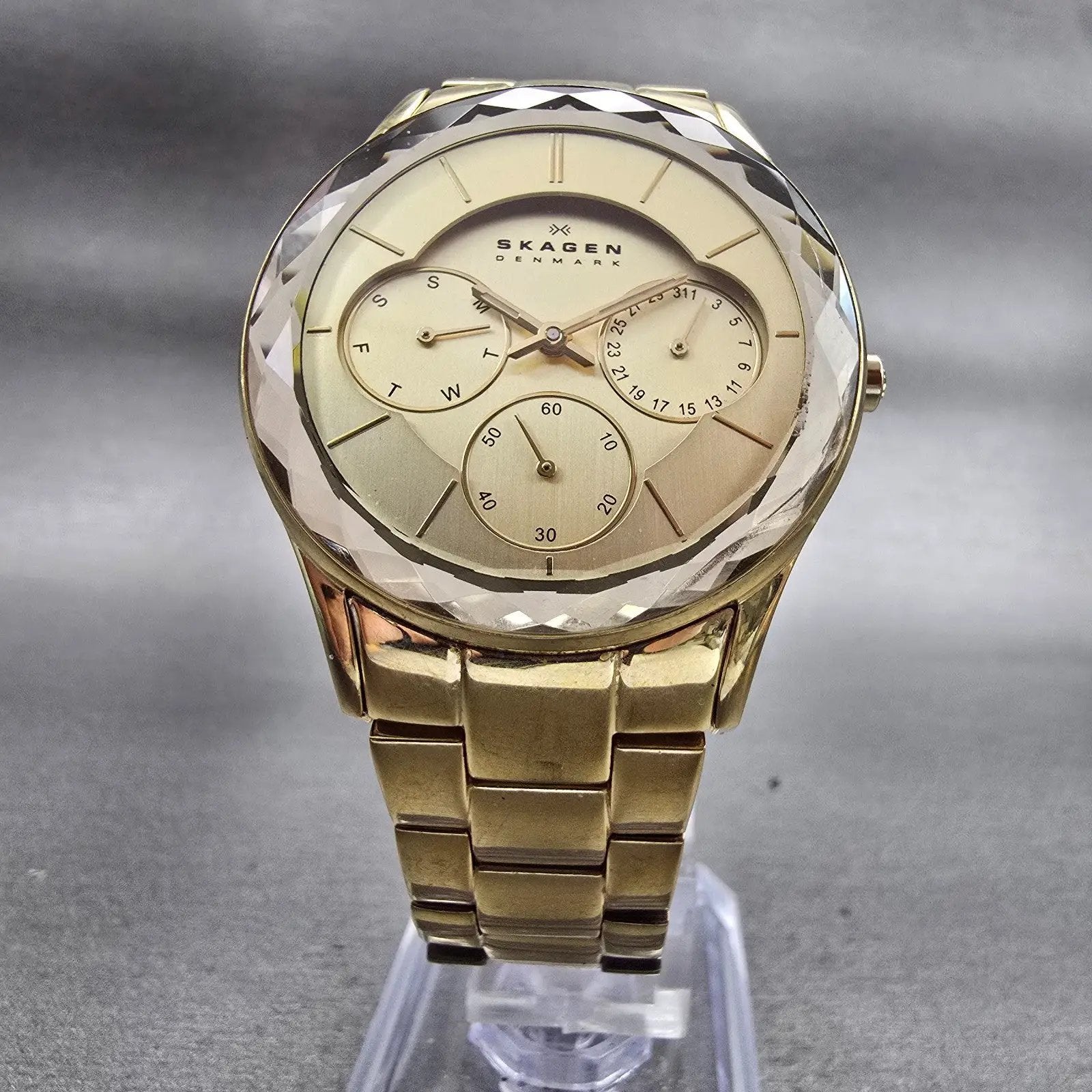 Skagen Watch Women 34mm Champagne Dial Gold Tone Daydate Round 344LGXG New Batt5