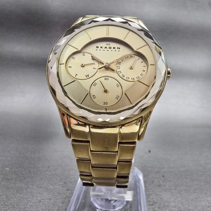 Skagen Watch Women 34mm Champagne Dial Gold Tone Daydate Round 344LGXG New Batt5