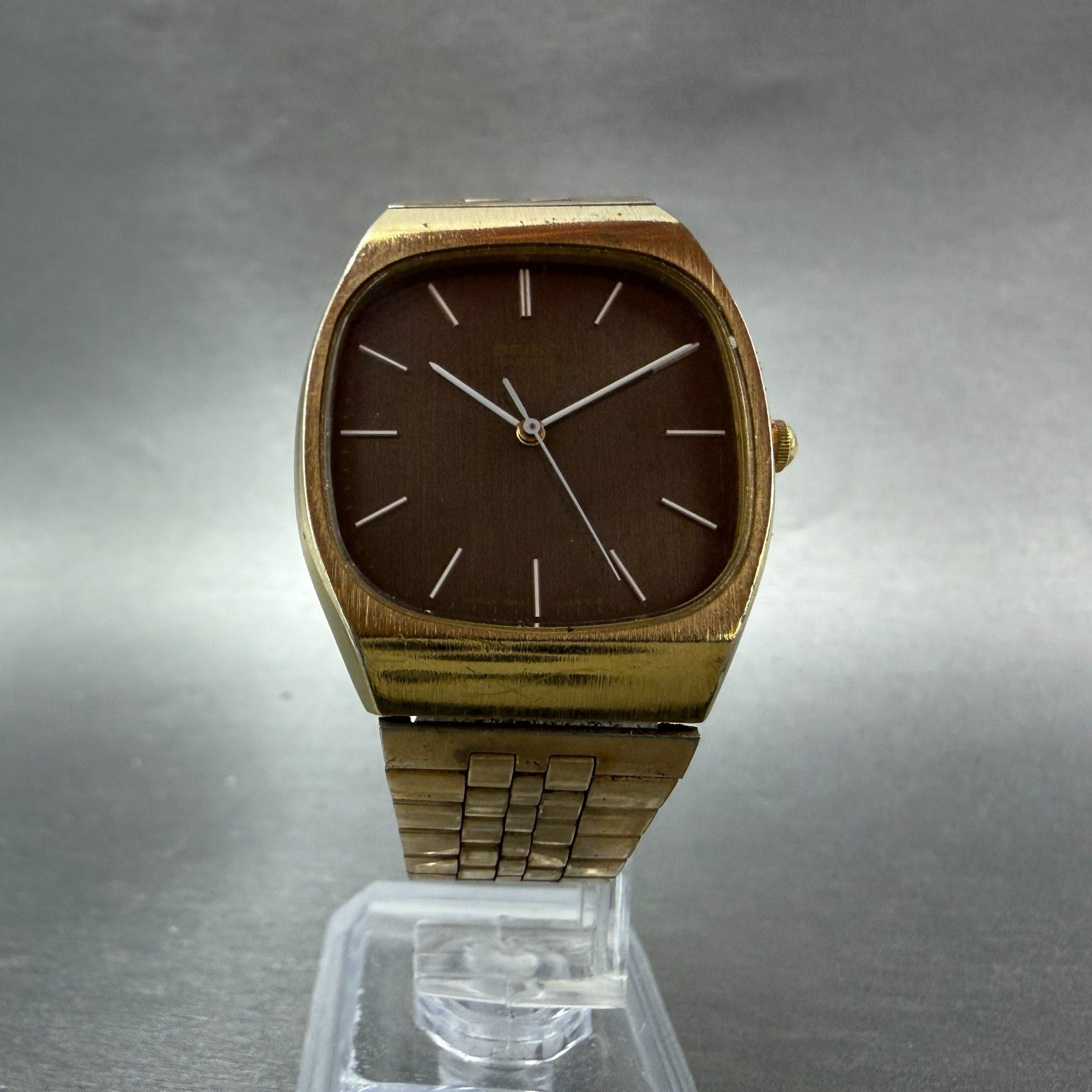 Seiko Watch Men 32mm Brown Dial Gold Tone Rectangle 7810-5069 New Battery VTG5
