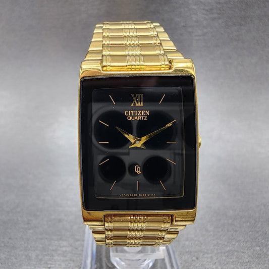 Citizen CQ Tank Watch Men 24mm Black Dial Gold Tone 1022-h14231 New Battery