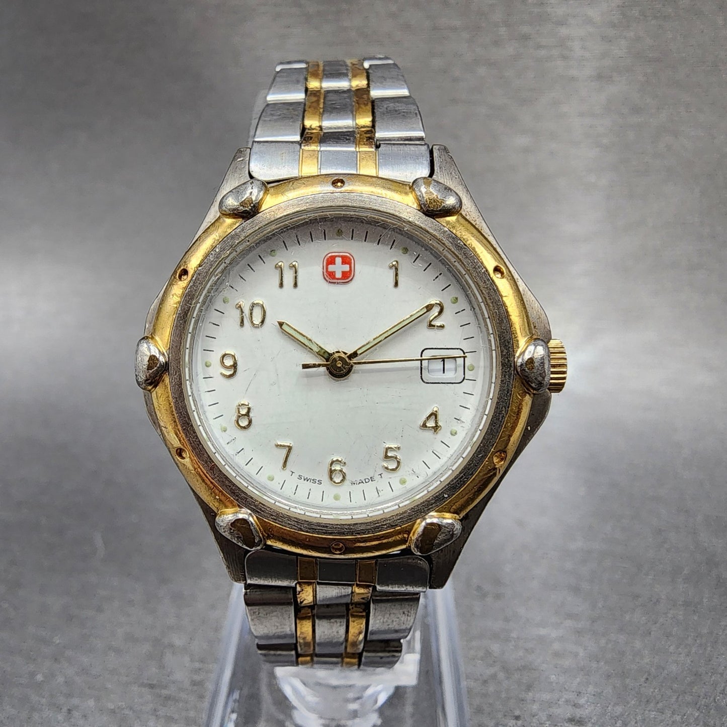 Wenger SAK Design Watch Women 28mm White Dial Two Tone Date Round New Battery0