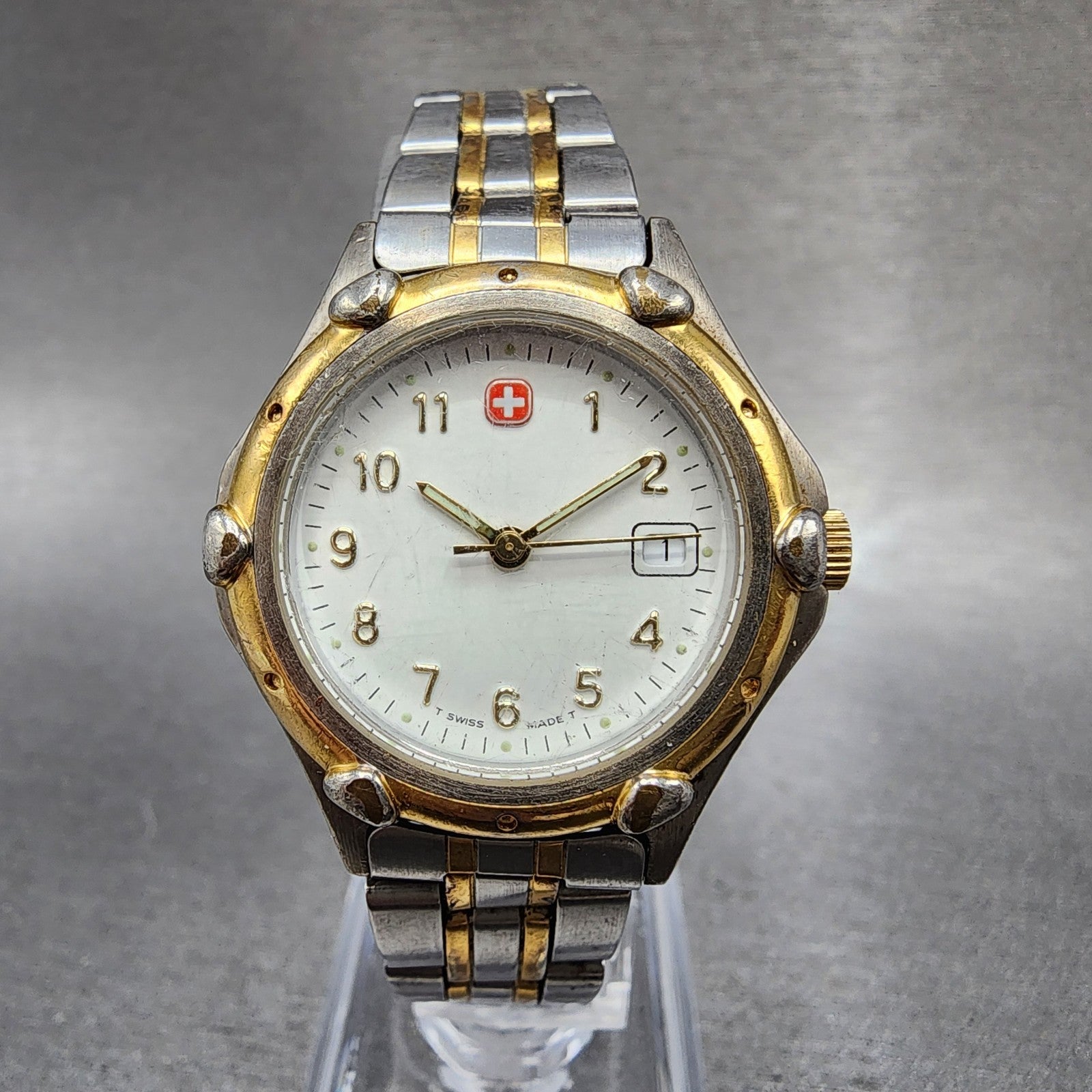 Wenger SAK Design Watch Women 28mm White Dial Two Tone Date Round New Battery0