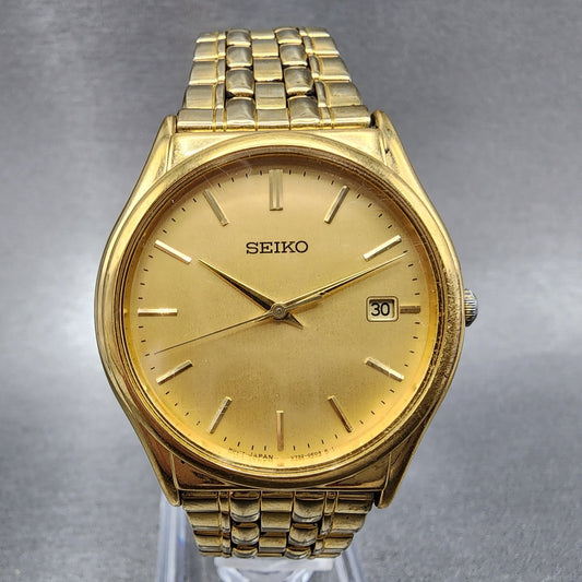 Seiko Watch Men 33mm Champagne Dial Gold Tone Date V732-0c49 New Battery