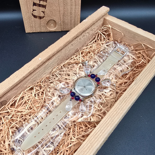 Swatch Chandelier Watch Men 34mm Silver Dial Clear GZ125 New Battery NOS Crate0