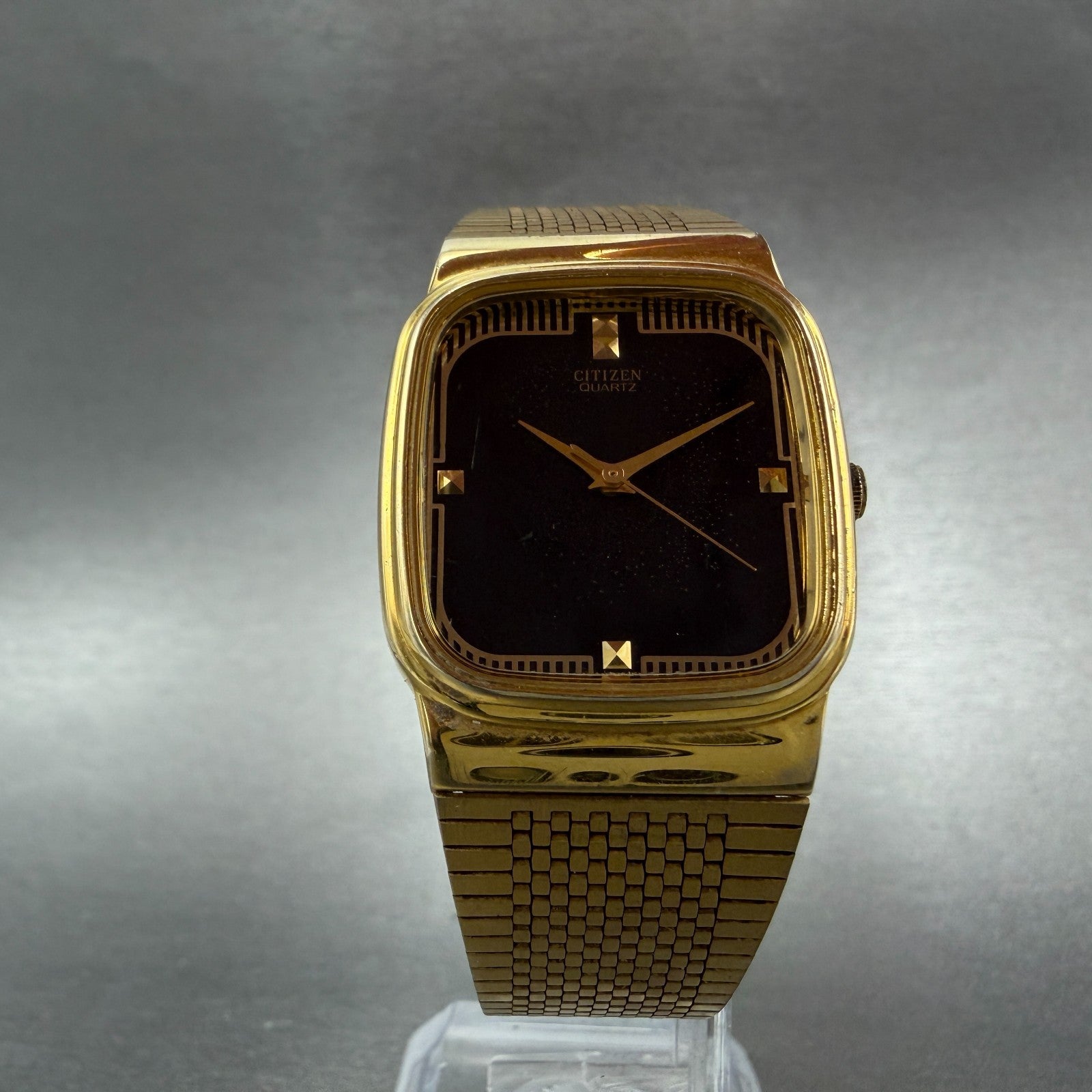 Citizen Tank Watch Men 27mm Black Dial Gold Tone Rectangle 4031-K00101 New Batt5