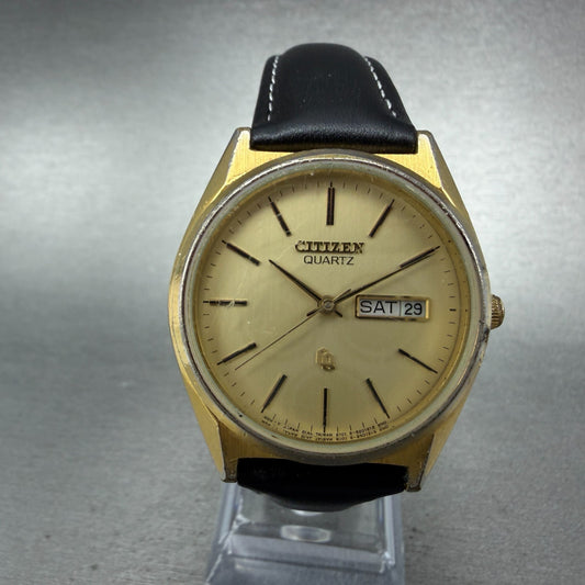 Citizen CQ Watch Men 35mm Champagne Dial Gold Tone Daydate 4-S05600 New Battery0
