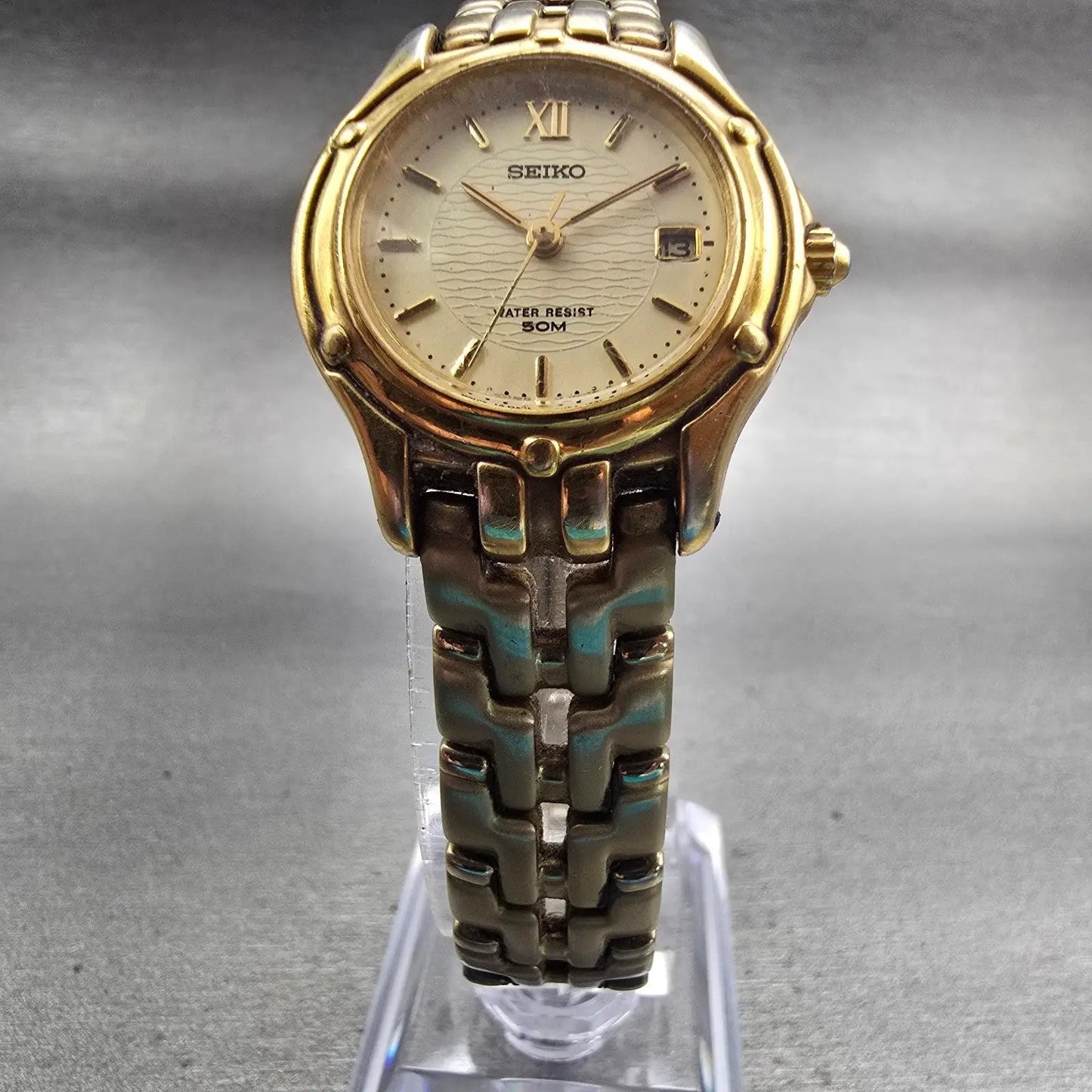 Seiko Watch Women 26mm Champagne Dial Two Tone Date Round 7N82-0599 New Battery5