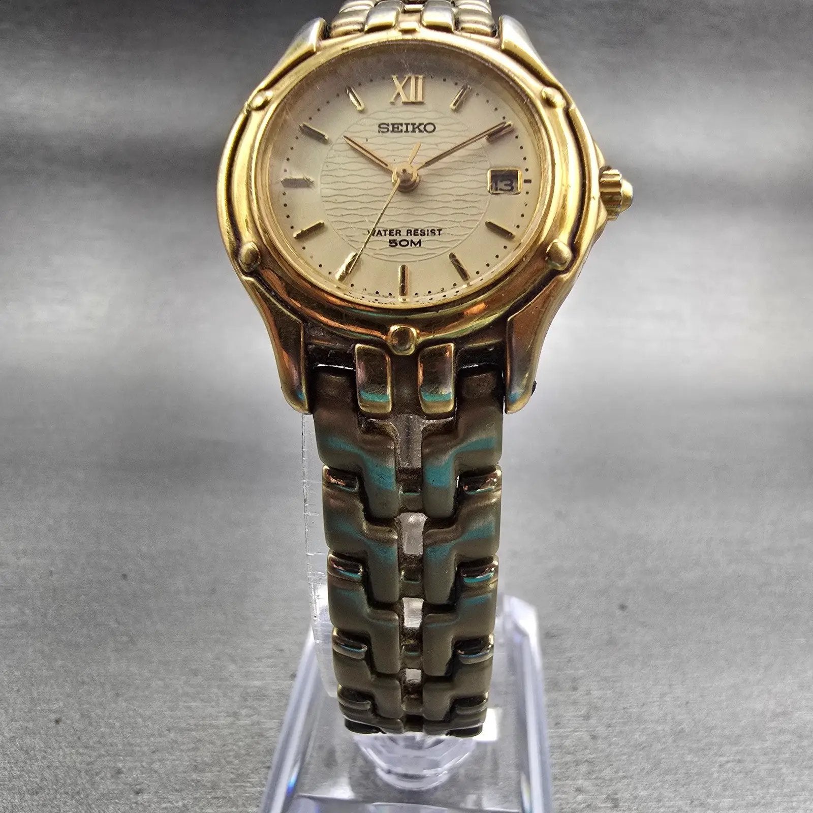 Seiko Watch Women 26mm Champagne Dial Two Tone Date Round 7N82-0599 New Battery5