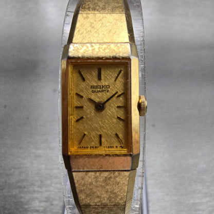 Seiko Watch Women 12mm Gold Dial Gold Tone Rectangle 2E20-6259 New Battery VTG0