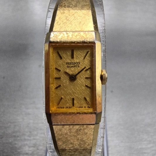 Seiko Watch Women 12mm Gold Dial Gold Tone Rectangle 2E20-6259 New Battery VTG0
