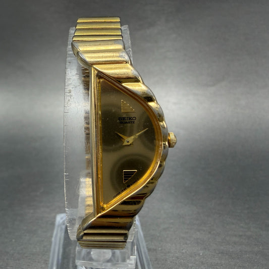 Seiko Halfmoon Watch Women 14mm Gold Dial Gold Tone Asymmetrical New Battery BV50