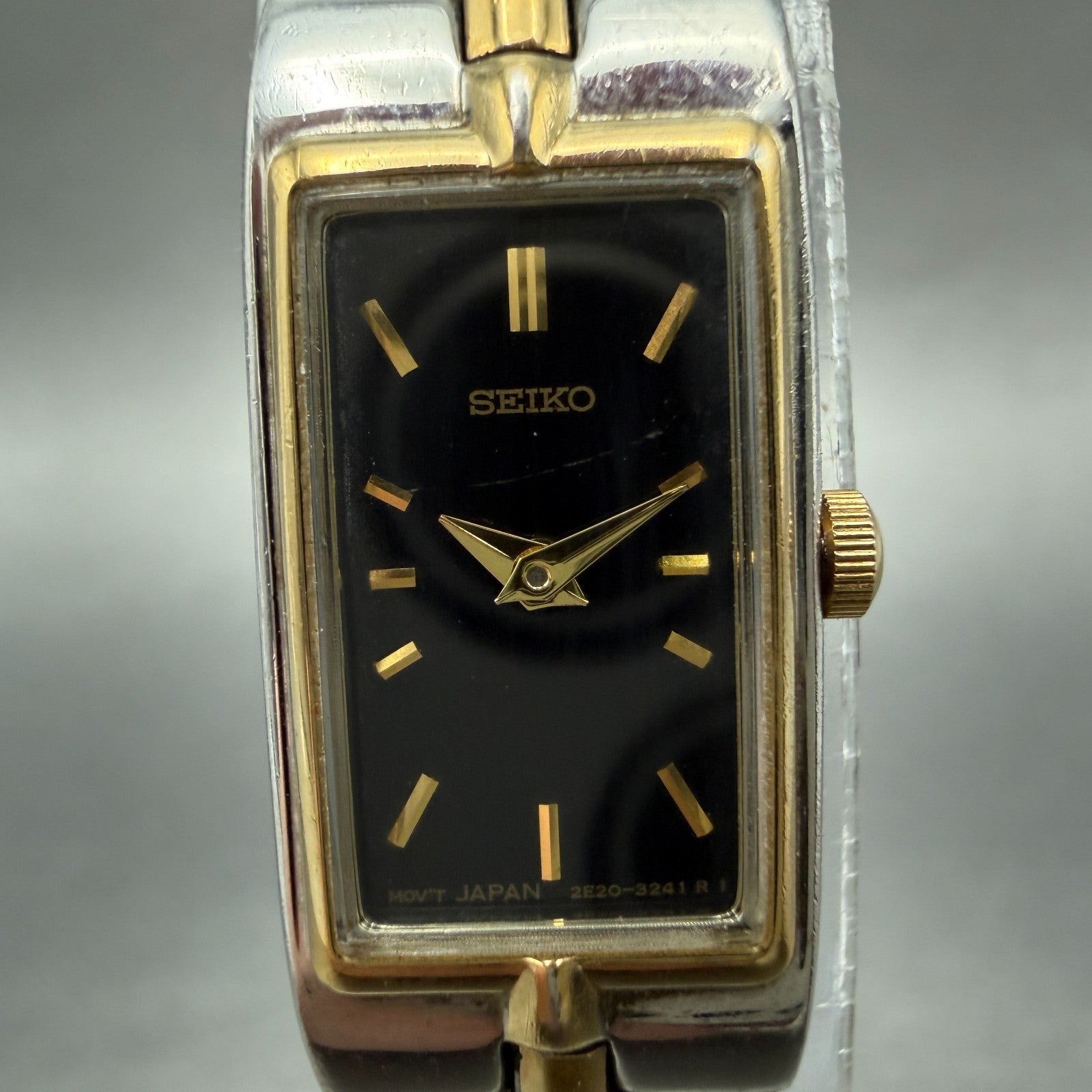Seiko Tank Watch Women 13mm Black Dial Two Tone Rectangle 2E20-0AY0 New Batt BTQ1