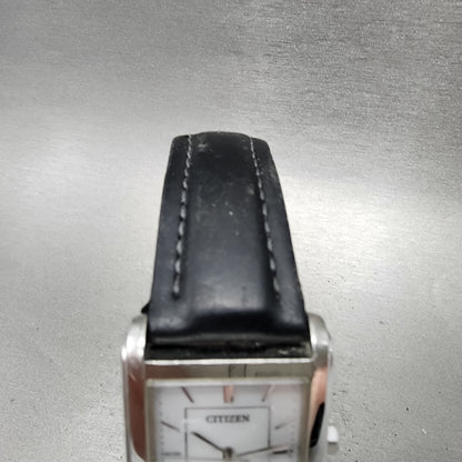 Citizen EcoDrive Tank Watch Men 26mm White Dial Silver Tone Date Rectangle Runs4