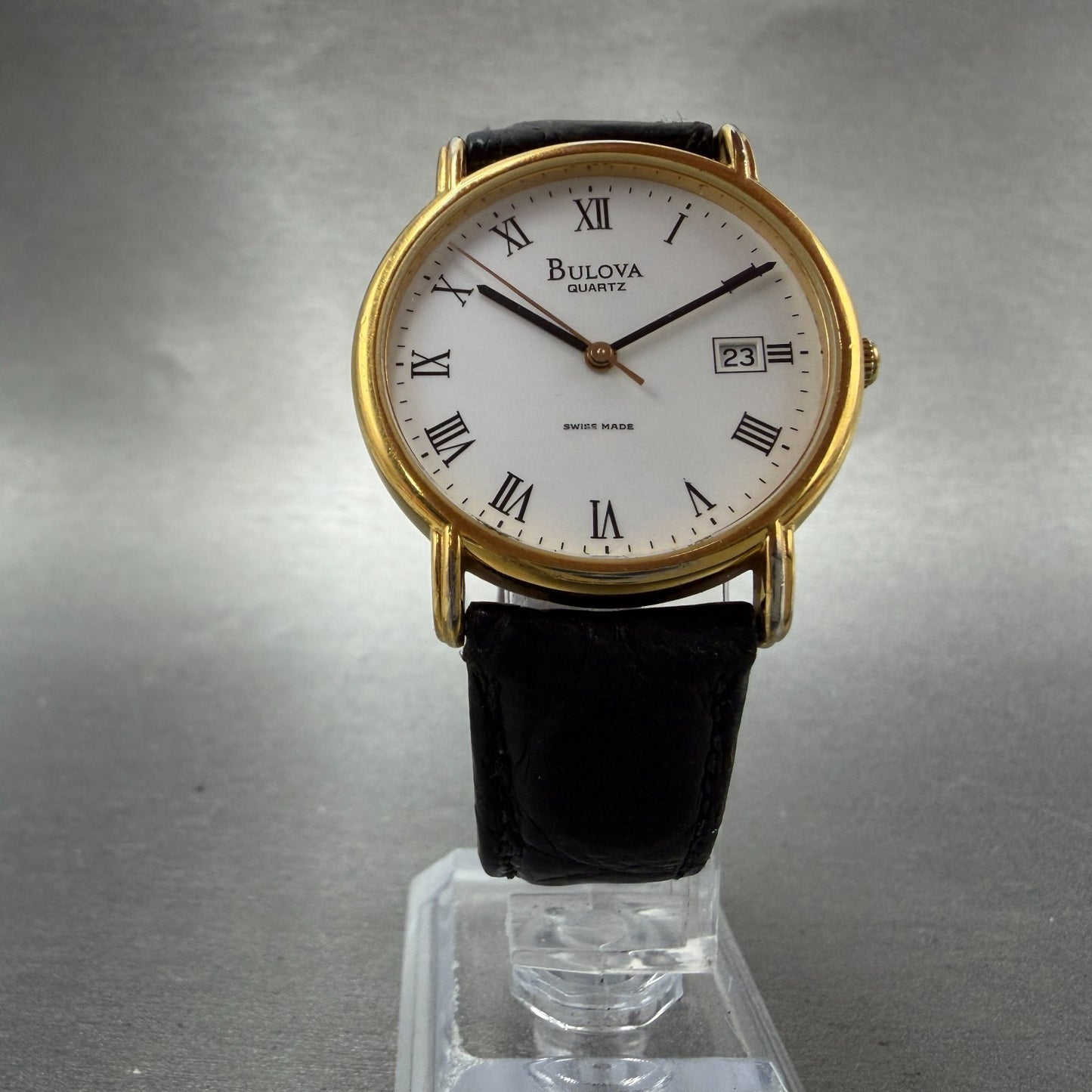 Bulova Watch Men 34mm White Dial Gold Tone Date Round 97B13 New Battery Vintage5