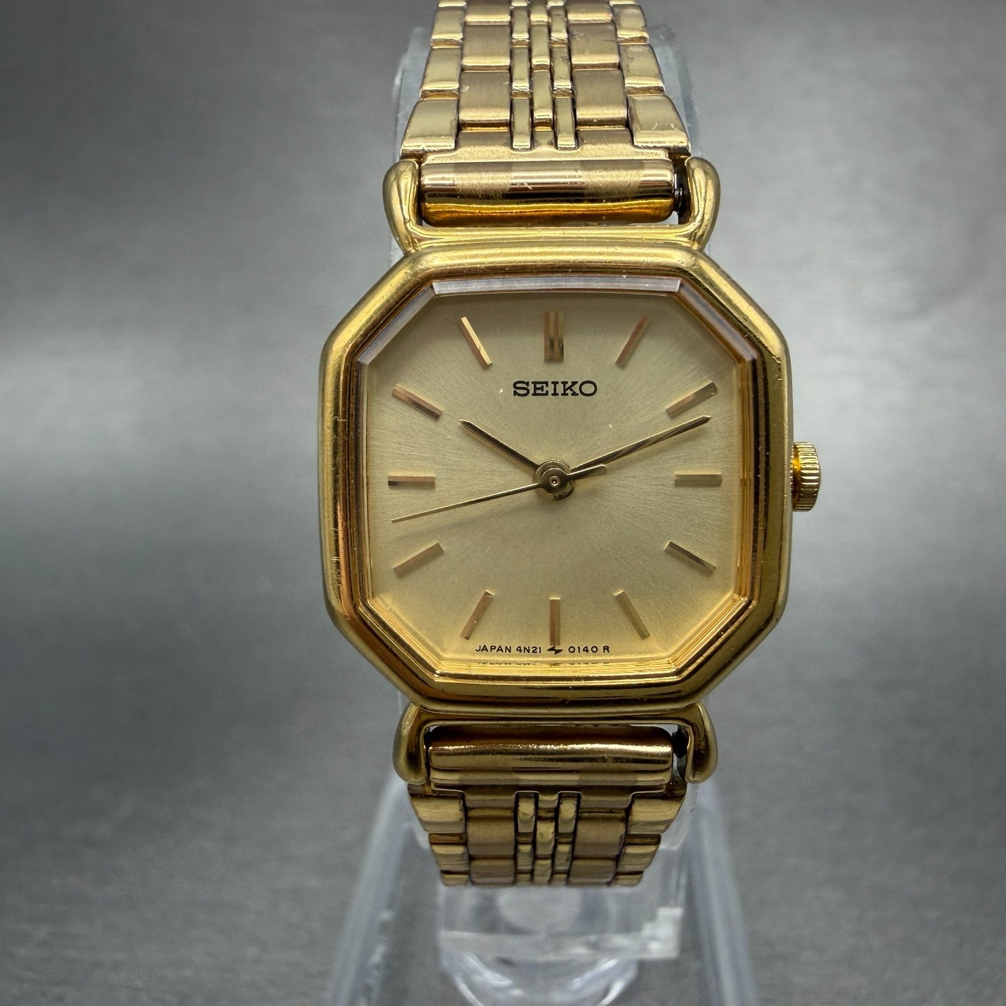 Seiko Watch Women 20mm Champagne Dial Gold Tone Octagon 4n21-5022 New Battery GR0