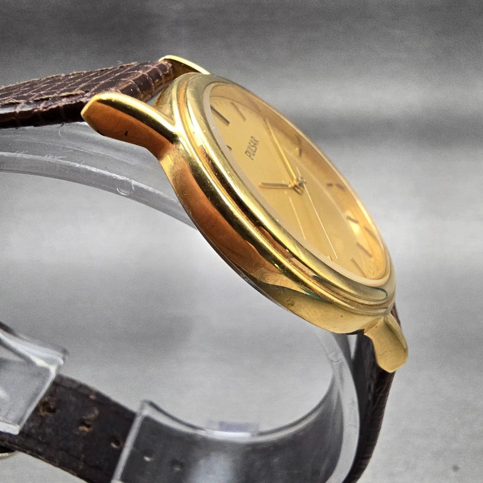 Seiko Pulsar Watch Men 34mm Gold Dial Gold Tone Round V501-X024 New Battery VTG3