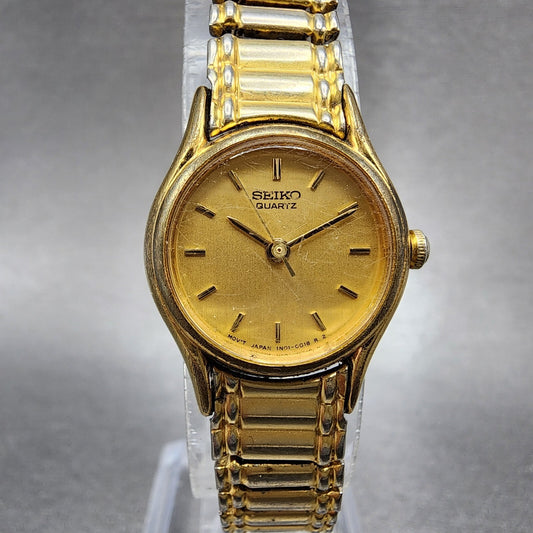 VTG Seiko Watch Women 20mm Gold Dial Gold Tone Round 1N01-0E19 New Battery