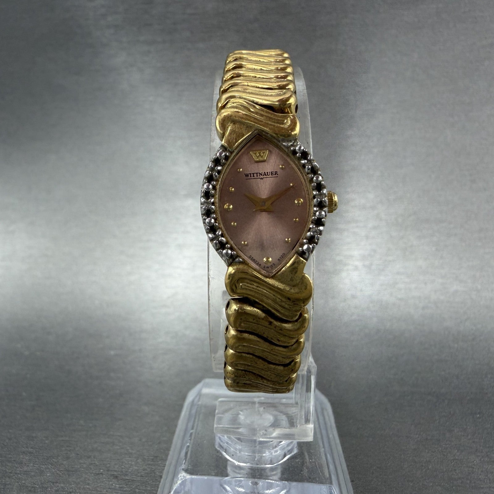 Wittnauer Watch Women 16mm Pink Dial Gold Tone Diamond Bezel SS8234 5120 New Bat5