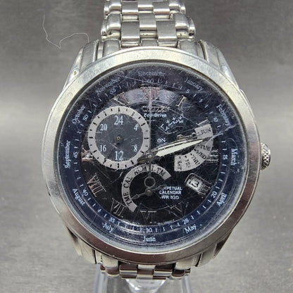 Citizen Eco-Drive Perpetual Calendar Watch Men 39mm Black Dial Steel Alarm Runsc0