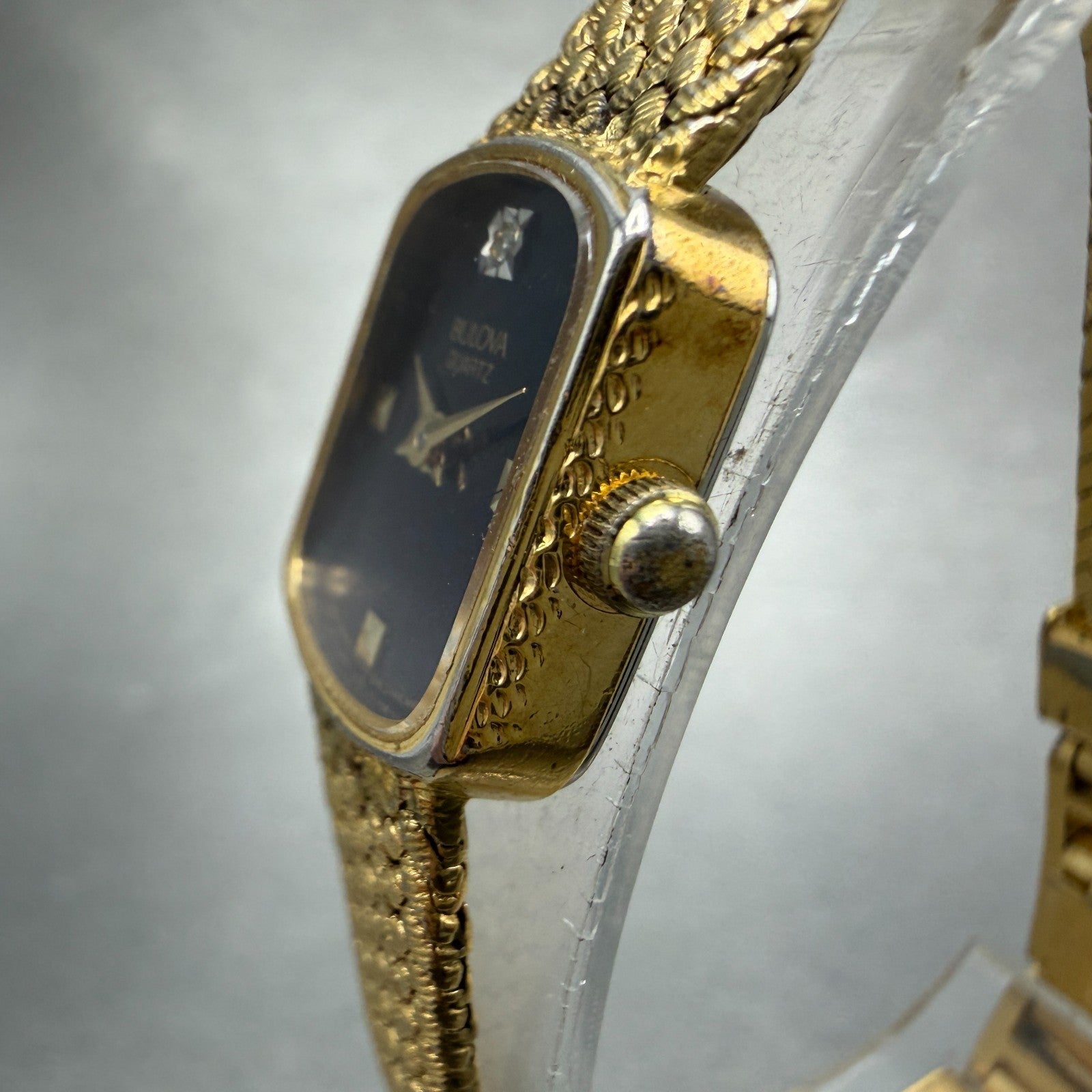 Bulova Tank Watch Women 16mm Black Dial Gold Tone 92J54 New Battery Vintage2