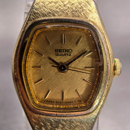 Seiko Watch Women 16mm Gold Dial Gold Tone Oval 2C21-5149 New Battery Vintage1