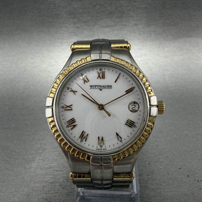 Wittnauer Watch Men 35mm White Dial Two Tone Date Round JV8245 9514 New Battery0