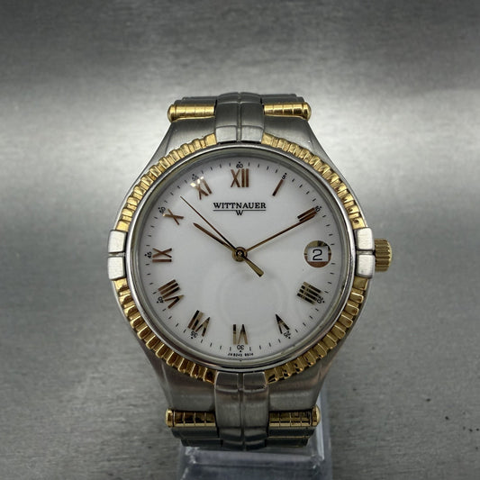 Wittnauer Watch Men 35mm White Dial Two Tone Date Round JV8245 9514 New Battery0